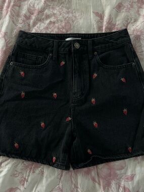 Forever 21 Black Denim Shorts with Red Strawberry Embroidery